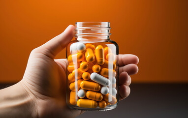 In the Palm of Health: Hand Holding  Jar of Orange Pills