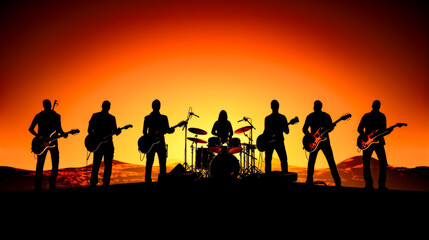 Fototapeta na wymiar Group of people that are standing in front of sunset with guitars.