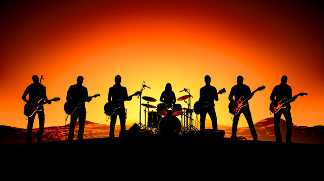 Group of people that are standing in front of sunset with guitars.