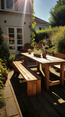 Fototapeta na wymiar Serenity in the Sun: A Wooden Picnic Table in a Sunny Garden