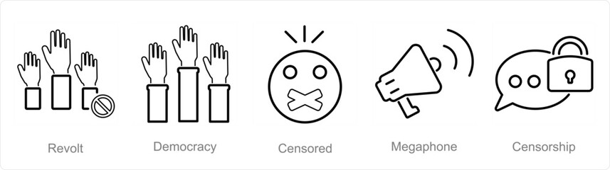 A set of 5 Freedom of Speech icons as revolt, democracy, censored