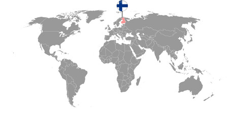 Pin map with Finland flag on world map.Vector illustration.