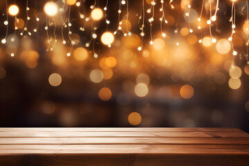 image of wooden table in front of abstract blurred background of resturant lights generated AI