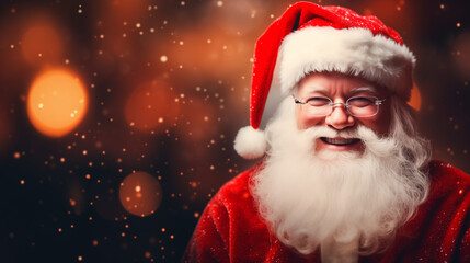 Happy Santa Claus with Christmas lighting snow bokeh background with copy space, Happy Santa Claus Christmas banner with decoration background, Christmas festival decoration