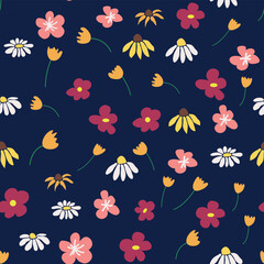 Floral vintage seamless pattern. Hippie flower power retro textile print. Groovy botanical wallpaper