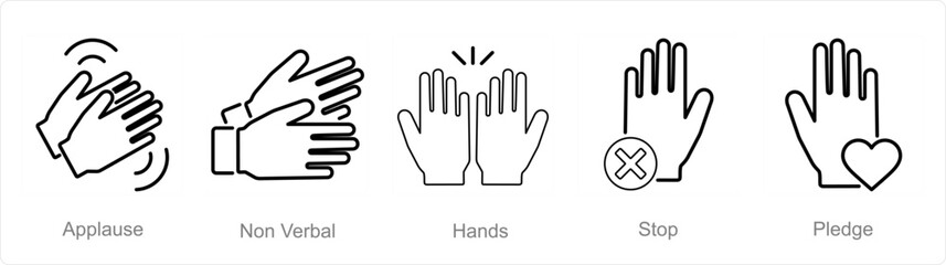 A set of 5 Hands icons as applause, non verbal, hands
