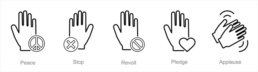 A set of 5 Hands icons as peace, stop, revolt