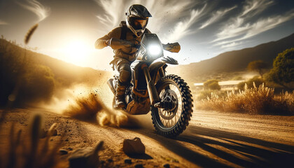 A Dynamic and Action-Packed Scene Showing a Motorcyclist Riding Aggressively on A Dirt Road