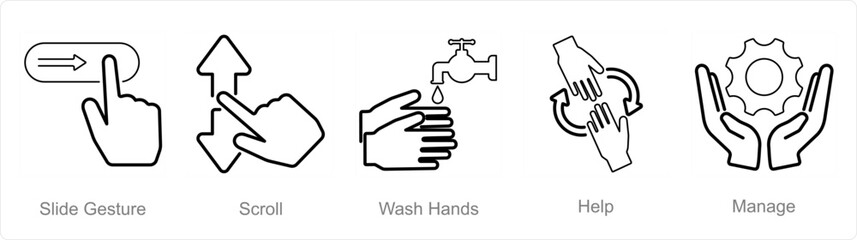 A set of 5 Hands icons as slide gestures, scroll, wash hands