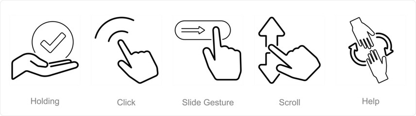 A set of 5 Hands icons as holding, click, slide gesture