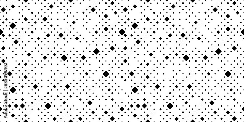 Poster abstract pattern with small squares and pixels. black dots on white background.
