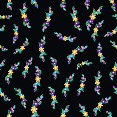 Floral seamless pattern with titian, lavender, blue, purple chamomile flower and leaves on pastel background