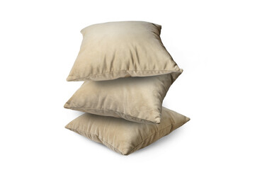 Stack of beige pillows isolated on white, transparent background, PNG. Pile of  decorative cushions...