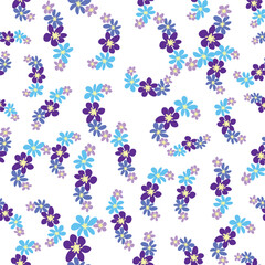 Floral seamless pattern with titian, lavender, blue, purple chamomile flower and leaves on pastel background