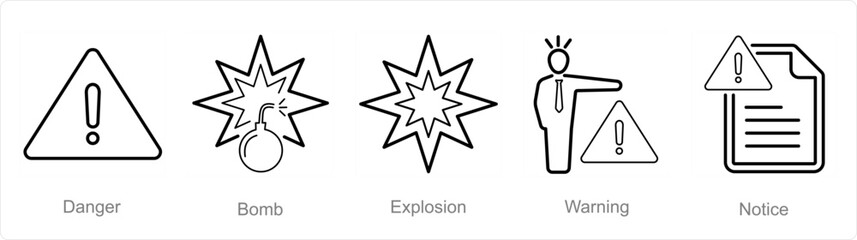 A set of 5 Hazard Danger icons as danger, bomb, explosion