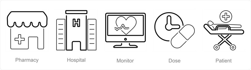 A set of 5 Health Checkup icons as pharmacy, hospital, monitor