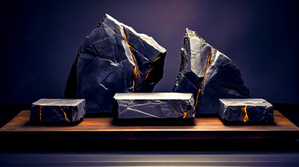 Group of black rocks sitting on top of wooden table next to each other.