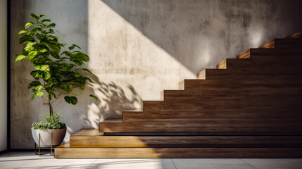 Potted plant sitting on top of wooden stair case next to white wall.