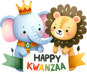 Fototapeta premium Elephant Lion African Heritage Celebration Festive Cute Pastel Kawaii Sweet Watercolor Kwanzaa Animals Wildlife Nursery Decor Art PNG Clipart 