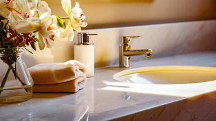 Close up of bathroom sink with towel and soap dispenser.