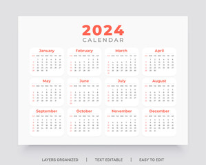 2024 Calendar template design. The week starts on Sunday.