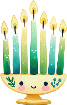 watercolor menorah candles with smiling faces clip art preview