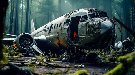 Plane that is sitting on the ground in the woods with it's door open.