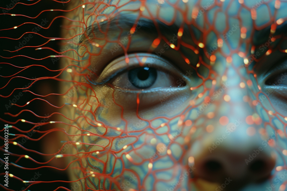 Fototapete Close-up of a person amidst abstract cognitive connection patterns, illustrating the interconnected and collaborative nature of brain-inspired design. 3