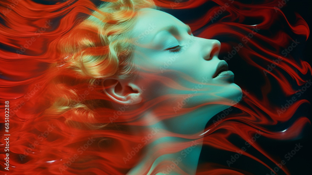 Aufkleber Abstract patterns resembling waves of cerebral creativity enveloping a person in an exploratory pose, capturing the flowing and transformative essence of creative ideas in design.