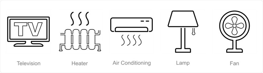 A set of 5 Home Appliance icons as television, heater, air conditioning