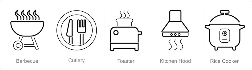 A set of 5 Home Appliance icons as barbecue, cutlery, toaster