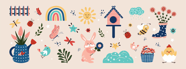 Spring set of elements with rabbit and chicken. Vector illustration © Alyona 