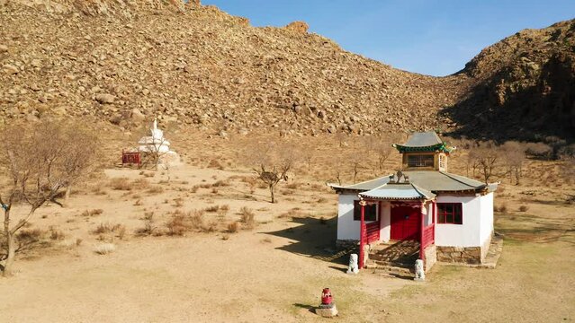 Bulgan, Mongolia. 05-04-2022. XVIIth century Erdene Khamba Monastery near Khogno Khaan mountain. Aerial view.