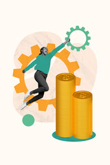 Vertical collage picture of mini excited black white colors girl jump big pile stack money coins cogwheel gear isolated on creative background