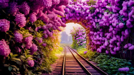 Tunnel of flowers with train track leading into the center of the tunnel.