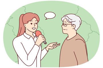 Female journalist with microphone interview elderly man in park. Woman with mic talk with old male on street. Vector illustration.