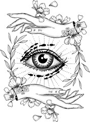 Third eye symbol. Mystical and  Spiritual illustration with Woman Hands and Cute Flowers. - 685103291