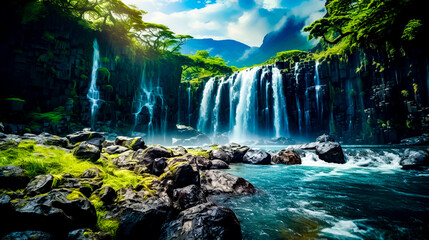 Waterfall in the middle of river surrounded by rocks and greenery.