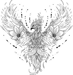Phoenix Hand Drawn Illustration with flowers. Black White Mystical Design. - 685103417