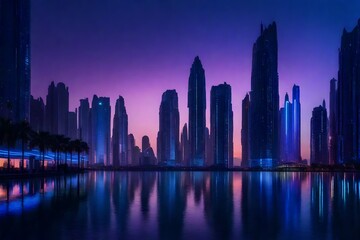 "Capture the essence of a futuristic metropolis at twilight, with dazzling skyscrapers illuminated by vibrant neon lights, reflected in the serene waters of a digital lake. 