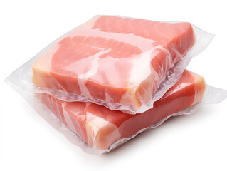 Vacuum-packed raw fresh pork loin. Ready for freezing and long term storage. Isolated on a white background for the designer.