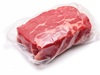 Vacuum-packed raw fresh beef tenderloin. Steak ready for freezing and long term storage. Isolated on a white background for the designer.