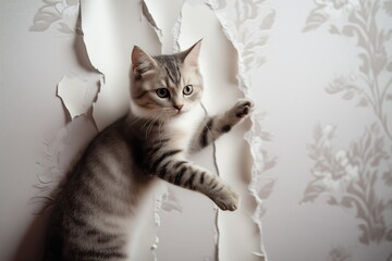 Silly little kitten tore wallpaper. Bad behavior by domestic cat.