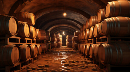 Barrels in the wine cellar 3d illustration