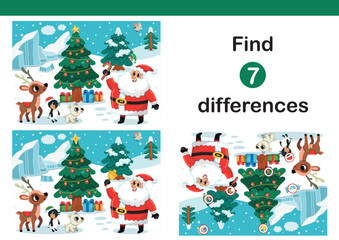 Find 7 differences education game for kids. Santa Claus is enjoying his friends. Vector illustration in Christmas theme.
