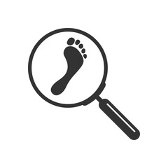 Footprint  through a magnifying glass graphic sign. Searching traces sign isolated on white background. Vector illustration
