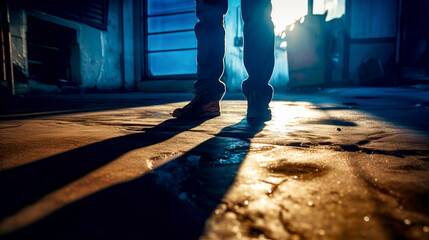 Person standing on tiled floor with their feet in the air and their shadow on the ground. - Powered by Adobe