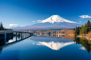 Tuinposter 鏡のような湖に映る富士の姿 © hekikuu