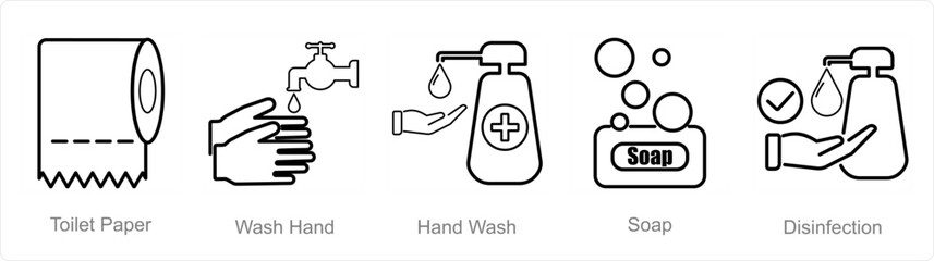 A set of 5 Hygiene icons as toilet paper, wash hand, hand wash