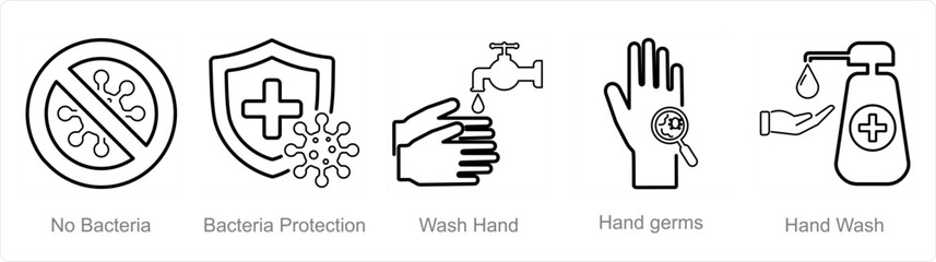 A set of 5 Hygiene icons as no bacteria, bacteria protection, wash hand